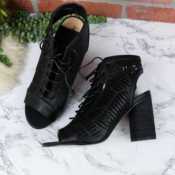 Sam Edelman Rocco Black Vegan Leather Laser Cut Peep Toe Lace Up Heels 8 Women's - Picture 1 of 6